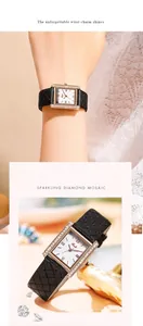 Close-up of square rose gold watch with diamond bezel and quilted black leather strap