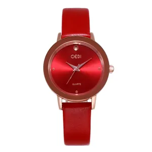 GEDI minimalist quartz watch for women with red leather strap and rose gold case