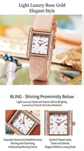 Detail of rose gold square quartz watch featuring diamond bezel and pink quilted leather strap