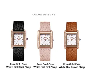 Rectangle quartz watches with quilted leather straps in black, pink, and brown colors