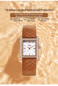 Detail of luxury square quartz watch featuring diamond-set case and waterproof leather strap