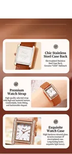 Detail of square quartz watch with rhinestone bezel, leather strap, and 3ATM waterproof back