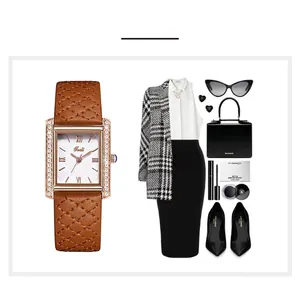 Square rose gold watch with diamond accents and brown quilted leather strap lifestyle view