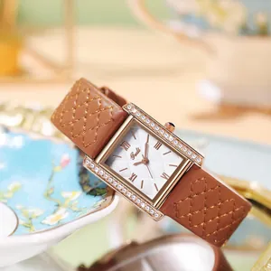 GEDI Women Fashion Square Quartz Watch Rhinestone Inlaid Waterproof Rhombus Pattern Leather Strap Elegant Vintage Wristwatch
