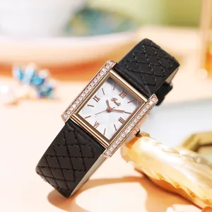 Gedi rose gold square watch with crystal accents and black quilted leather strap