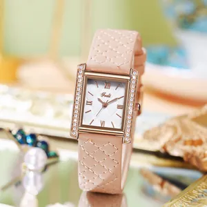 Elegant rectangular quartz watch with rose gold case and quilted pink leather strap