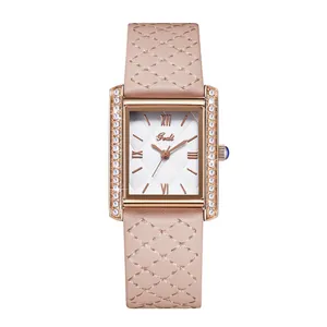 Detailed view of Gedi square watch with quilted pink leather strap and diamond bezel