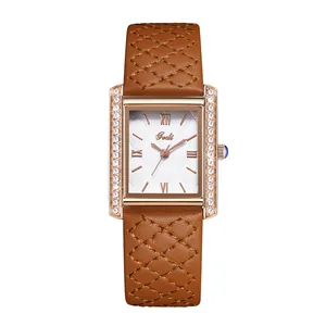 Elegant rectangle rose gold watch with white quilted texture dial and brown leather strap