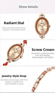 Detailansicht der roségoldenen ovalen Uhr mit Strass-Indizes und roten Schmucksteinen