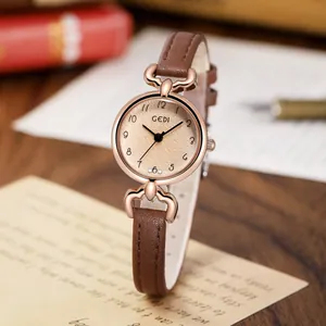 Women Retro Minimalist Quartz Watch Rose Gold Alloy Case Leather Strap Water Resistant Arabic Numerals Elegant Lady Watch