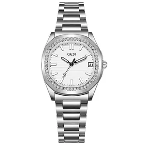 GEDI Luxus Damenarmbanduhr aus silbernem Edelstahl mit Kristalllünette und Datum