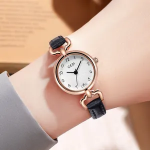 Elegant GEDI women watch featuring a rose gold case and black leather strap on wrist