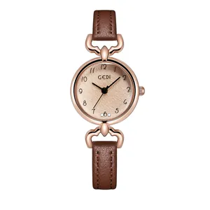 Elegant GEDI women's watch with brown leather strap and rose gold sunray dial