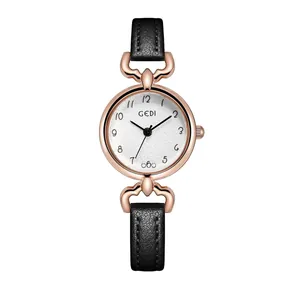 Detail of GEDI women's watch featuring white textured dial and black leather strap