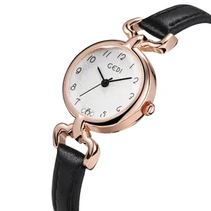 Gedi rose gold ladies quartz watch with black leather strap and minimalist white dial