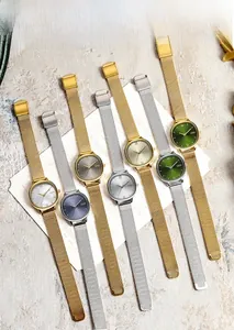 Flat lay of oval minimalist quartz watches with metallic mesh straps in various colors