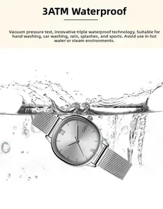Macro shot of silver oval quartz watch with mesh band showing 3ATM waterproof performance