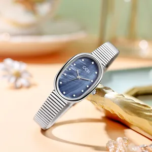 Montre ovale pour femme avec cadran en nacre bleue et bracelet extensible argenté