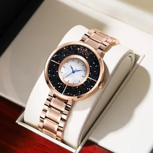 Montre Quartz Femme Mode Bracelet Acier Inoxydable Cadran Nacre Strass Fluides Scintillants Élégante Montre Bracelet