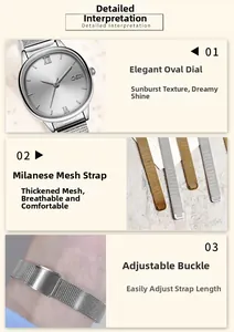 Detail view of oval dial sunray texture and adjustable Milanese mesh watch band