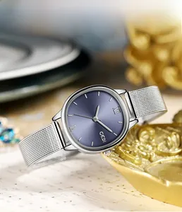 Detail of silver mesh band quartz watch featuring a blue sunray dial and roman numerals