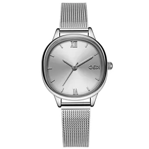 Elegant silver women's watch with oval sunray dial and mesh band from a front view