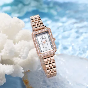 Orologio Al Quarzo Rettangolare Di Lusso Da Donna Cinturino In Acciaio Inossidabile Oro Rosa Lunetta In Strass Quadrante In Madreperla Elegante Orologio Da Polso Alla Moda