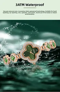 Detailed view of 3ATM waterproof quartz watch with green clover dial and splashing water