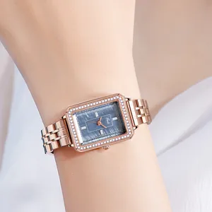 Orologio quadrato elegante da donna oro rosa con lunetta diamantata e quadrante marmo
