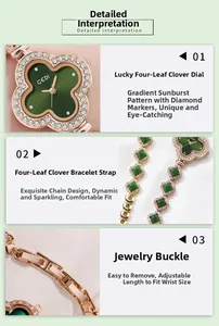 Detail view of the green sunray clover dial and rhinestone bezel on the luxury gold watch