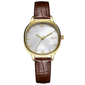 Elegante Damen Quarzuhr mit Perlmuttzifferblatt und braunem Krokodillederarmband