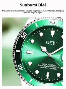 Détail macro du cadran vert soleil avec loupe de date et aiguilles lumineuses sur montre