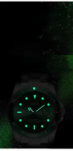 Détail des aiguilles et index luminescents haute définition sur une montre en acier