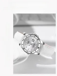 Macro view of GEDI quartz watch white dial with date window and white leather strap