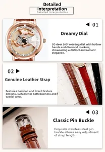 Detailed view of 3D rotating deer dial with sparkling crystal markers and rose gold case