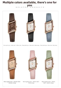 Detailed view of six vintage rhombus quartz watches with leather straps in various colors