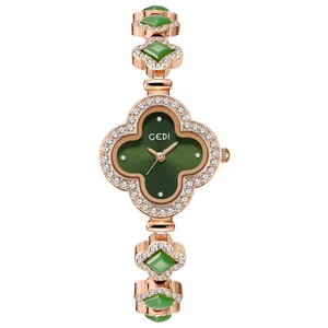 Luxurious rose gold four-leaf clover watch with green agate bracelet for women