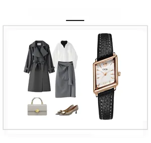 Square rose gold watch with black leather strap paired with elegant winter fashion outfit