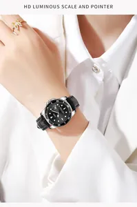 Macro view of luminous hands and calendar window on a black quartz business watch