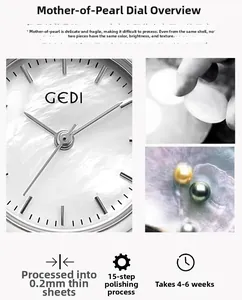 Dettaglio dell'orologio GEDI con quadrante in madreperla da 0,2 mm e finitura lucida