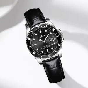 Luxury business watch with black sunray dial and silver stainless steel case on leather strap