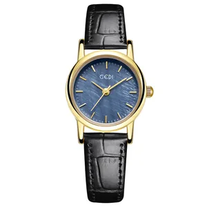 Elegante Golduhr mit blauem Perlmuttzifferblatt und schwarzem Lederarmband in Krokostil
