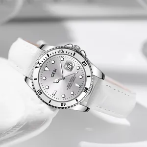 Luxury quartz watch with silver stainless steel case and white leather strap