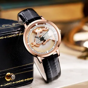 Luxury rose gold women watch with rhinestone deer dial and black leather strap