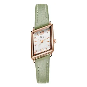 Retro rhombus rose gold quartz watch with light green leather strap for women