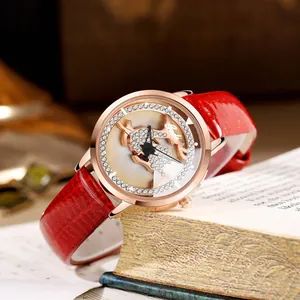 Elegant rotating deer quartz watch with red leather strap and sparkling crystal dial