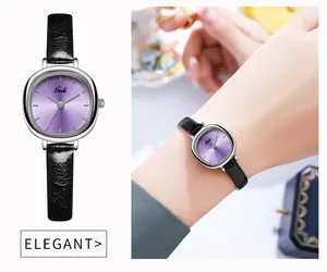 Details der Gedi Damenuhr mit violettem Sonnenstrahl-Zifferblatt und schwarzem Lederarmband