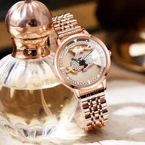 Elegant rose gold quartz watch for women with rhinestone deer dial and metal link strap