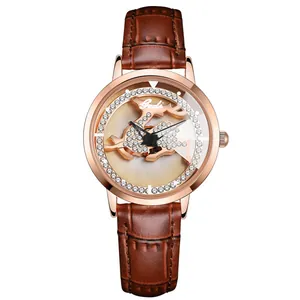 Luxury rose gold women's watch with reindeer diamond dial and brown leather strap