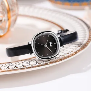 Elegante Gedi Damenquarzuhr mit schwarzem Lederarmband und quadratischem Sonnenschliff-Zifferblatt
